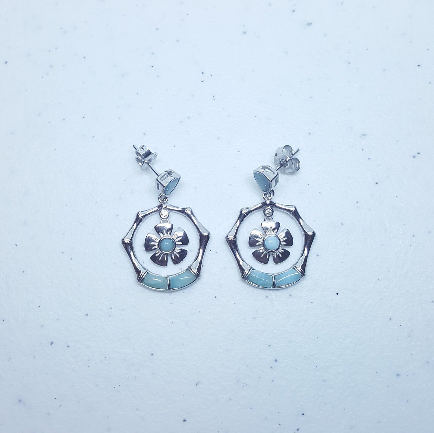 Hawaiian Flower Blue Larimar sterling silver post earrings