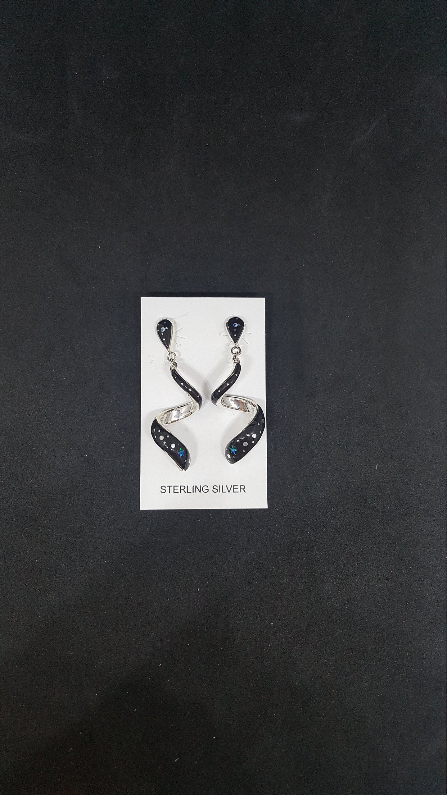 Southwest Galaxy scene Blue Fire Opal Mother of Pearl wavy spiral sterling silver post earrings