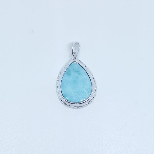 Blue Larimar teardrop shape ancient pattern sterling silver pedant