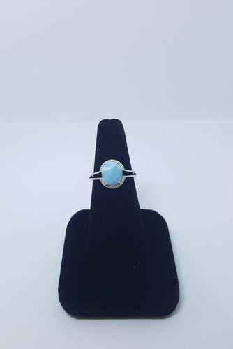Blue Larimar with CZ oval shape sterling silver ring size 9