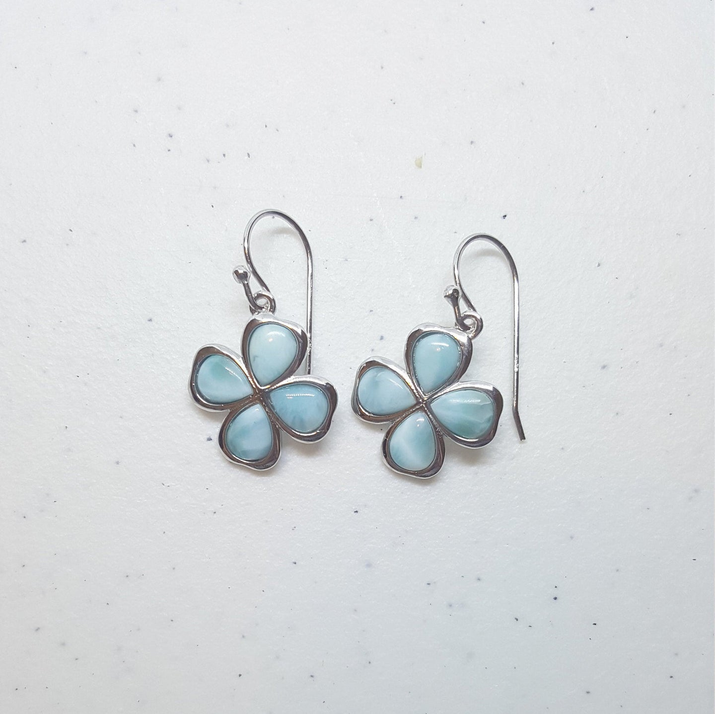 Clover Leaf Blue Larimar sterling silver dangle earrings