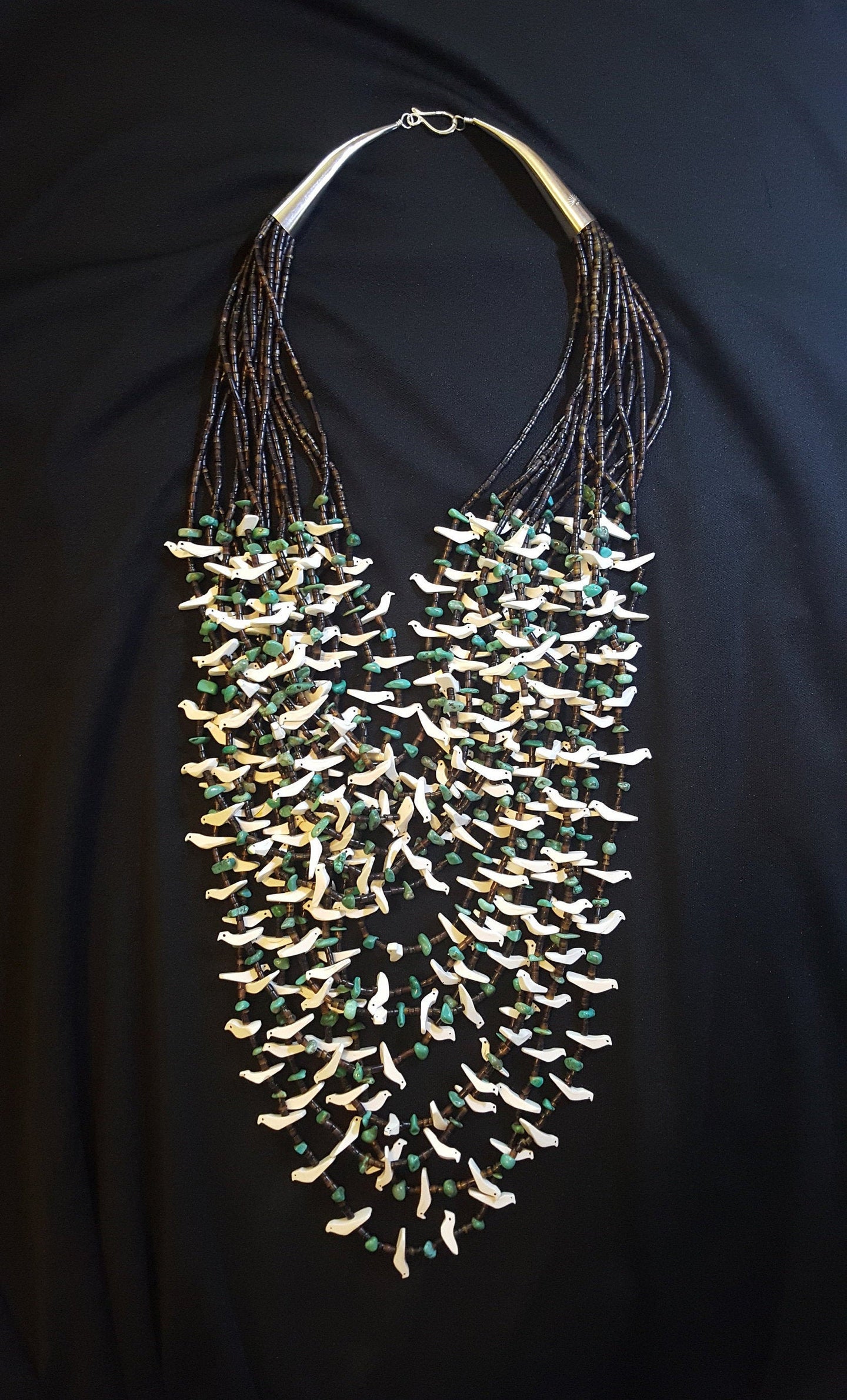 36 inches Multi strands Pin Shell Turquoise White Shell Bird carving sterling silver necklace