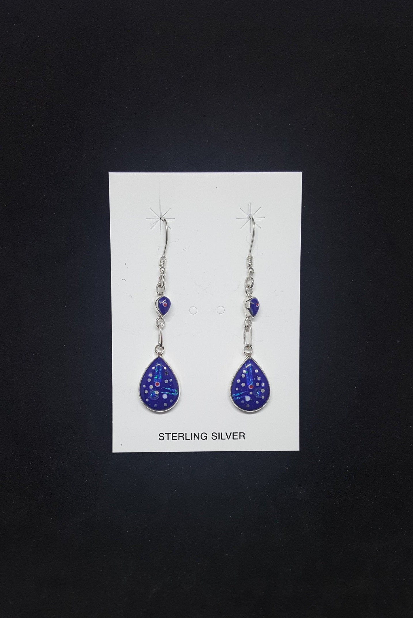 Southwest Galaxy scene with stars and cosmic inlay multi-gemstones teardrop shape chain style sterling silver dangle earrings