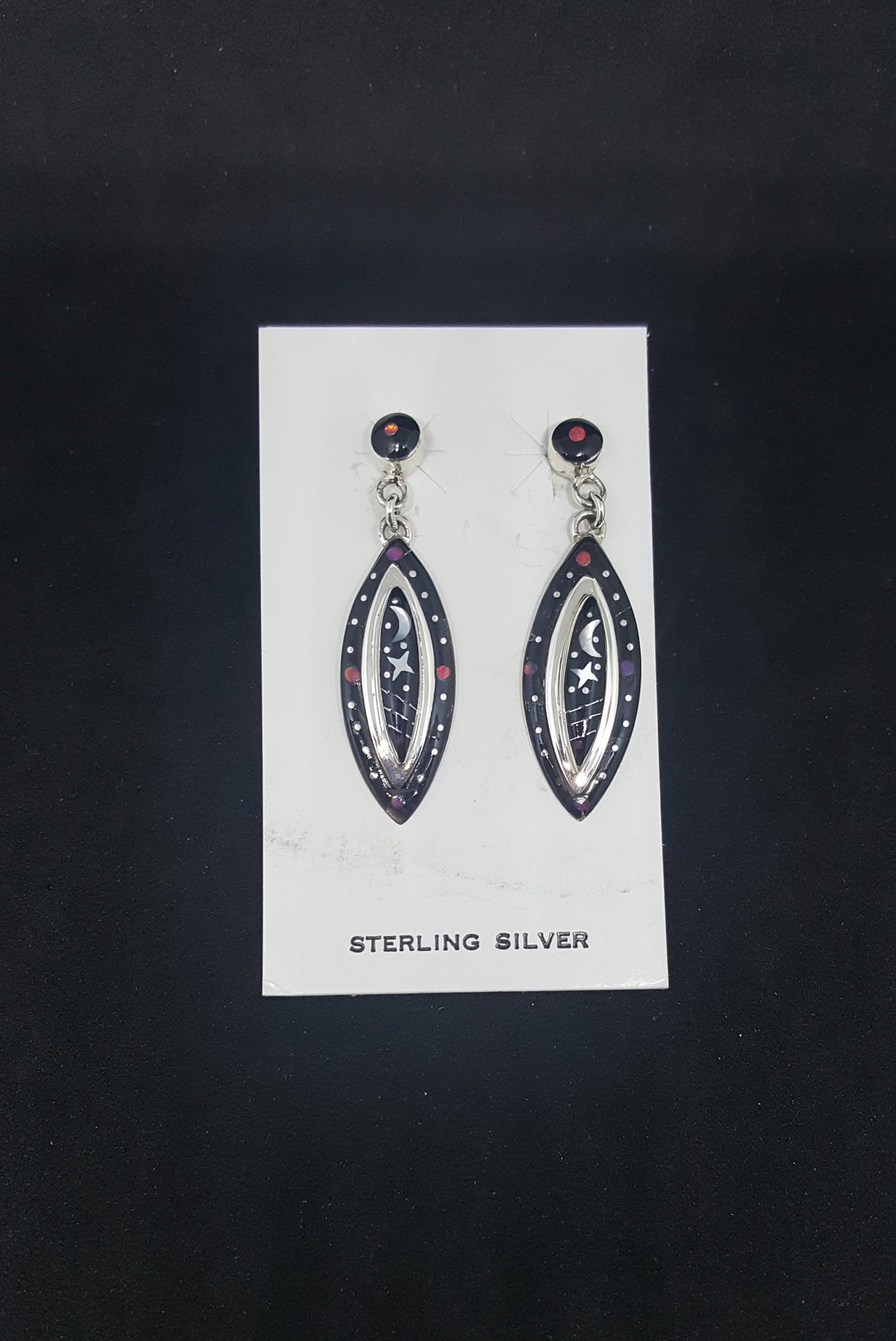 Southwest Galaxy scene with stars, cosmic, and moon inlay multi-gemstones diamond shape sterling silver post earrings