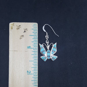Native Butterfly inlay Turquoise White Fire Opal sterling silver dangle earrings