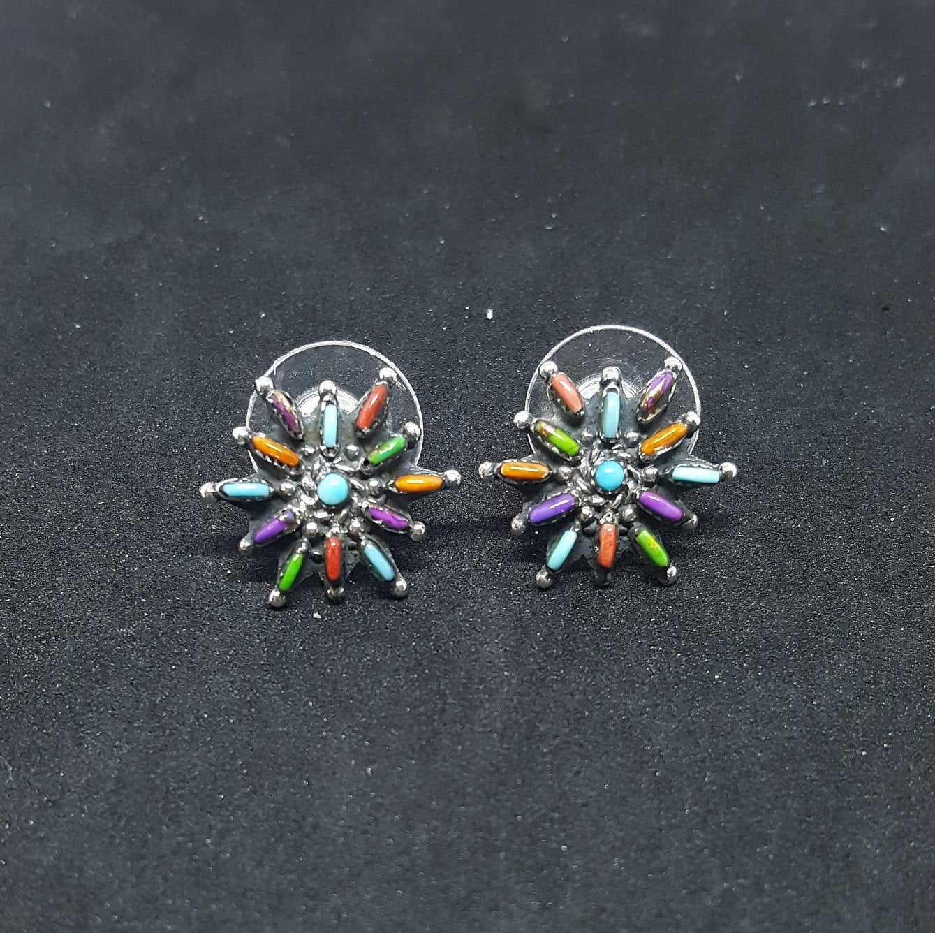 Colorful Cluster Turquoise Green Turquoise Purple Turquoise Spiny Oyster Coral sterling silver post earrings