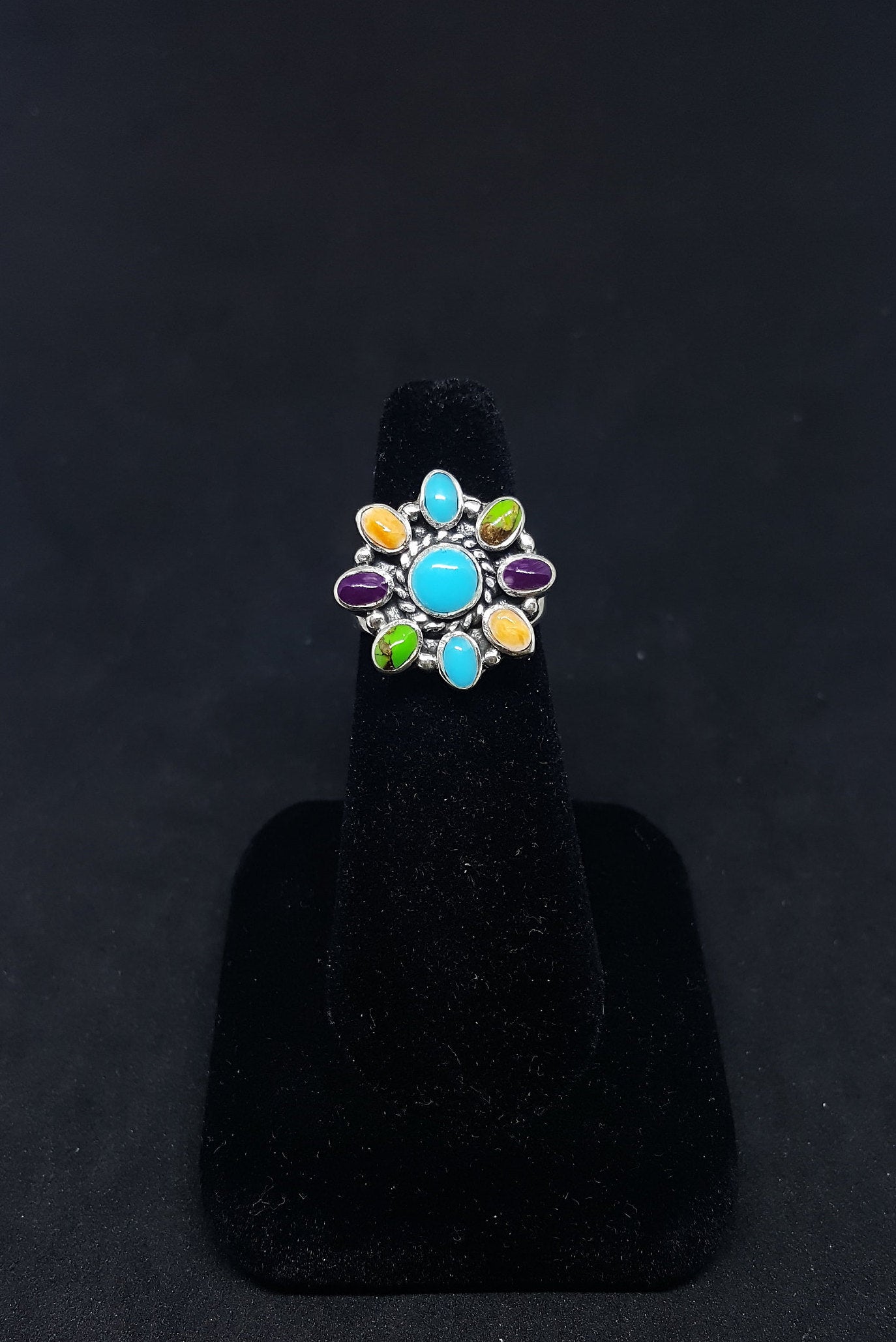 Simple Colorful Cluster Turquoise Green Turquoise Purple Turquoise Spiny Oyster sterling silver ring size 6 1/2 - Vintage
