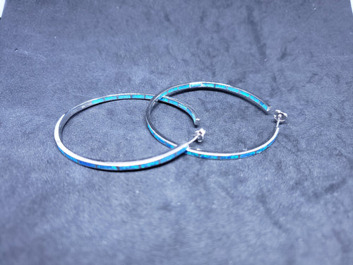 2 inches round Inlay blue fire opal sterling silver hoop earrings