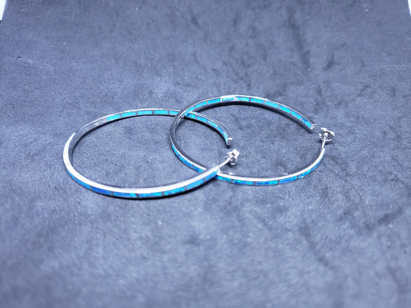 2 inches round Inlay blue fire opal sterling silver hoop earrings