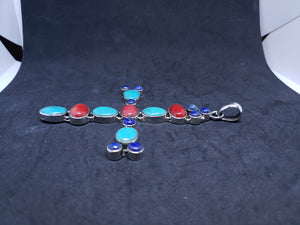 Vintage cross sterling silver pendant- turquoise, red spiny oyster,  lapis