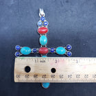 Vintage cross sterling silver pendant- turquoise, red spiny oyster,  lapis