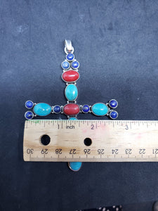Vintage cross sterling silver pendant- turquoise, red spiny oyster,  lapis