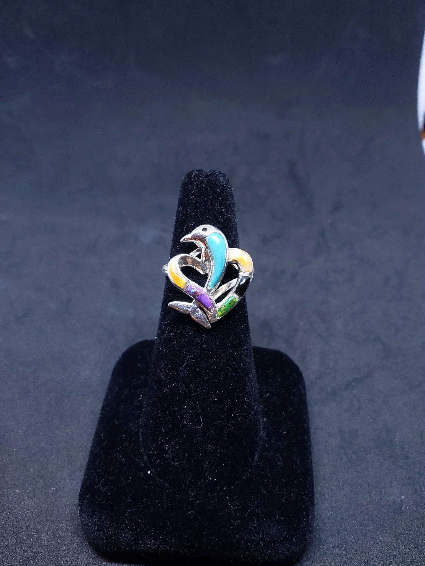 Size 7 1/2 Vintage dolphin and heart inlay turquoise and multi stones sterling silver ring