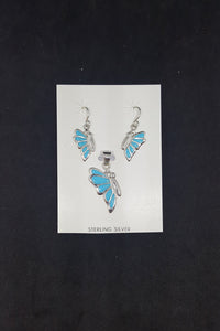 Set Flying butterfly one side turquoise sterling silver dangle earrings and pendant