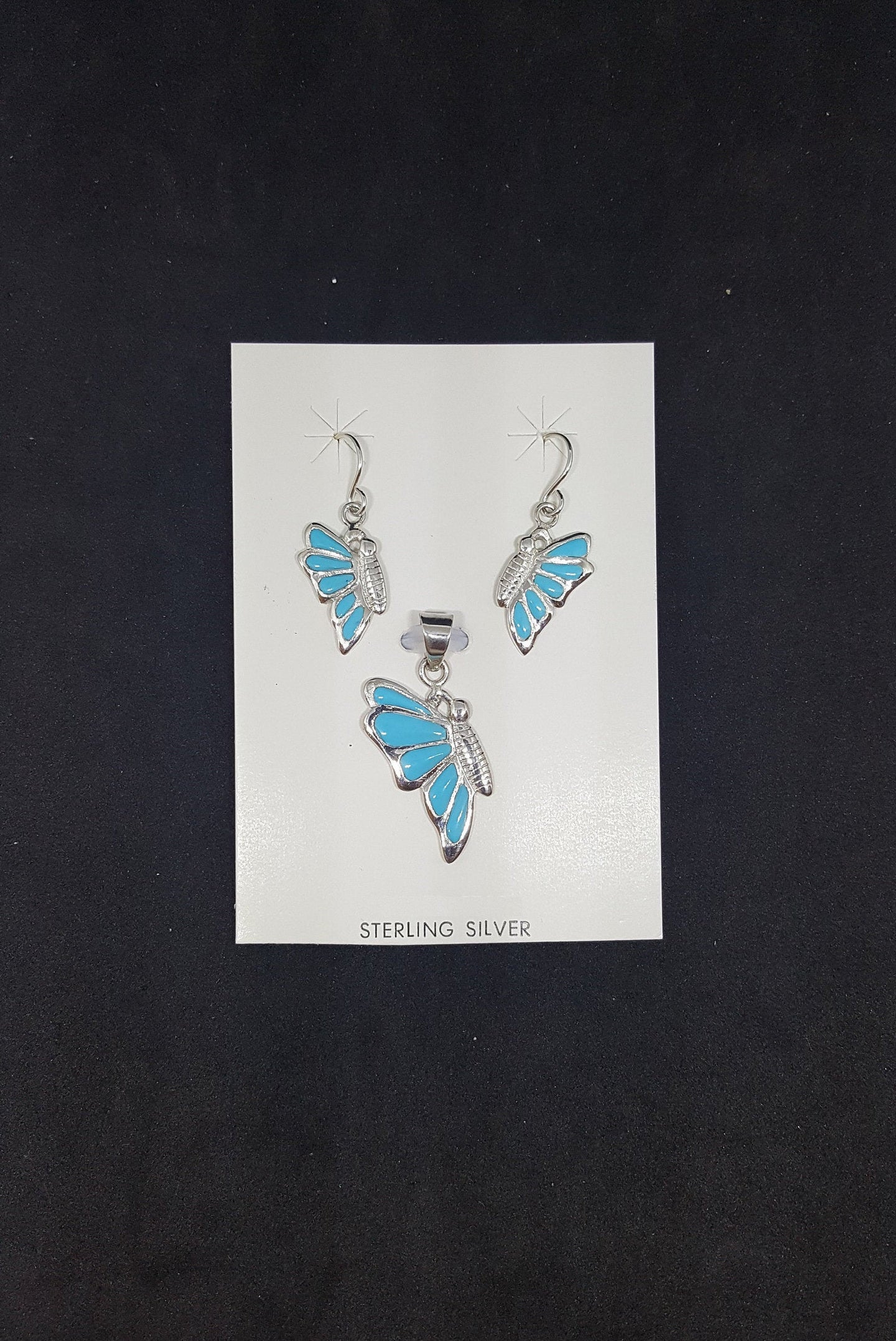 Set Flying butterfly one side turquoise sterling silver dangle earrings and pendant