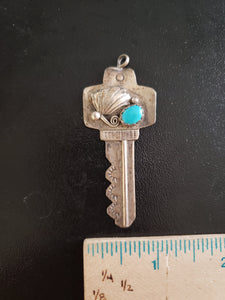 Vintage Navajo key shape with shell design and sleeping beauty turquoise sterling silver pendant
