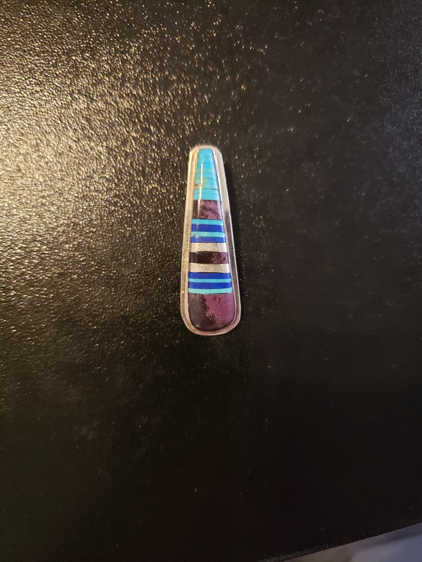 Vintage Navajo triangle teardrop shape inlay turquoise and multi stones sterling silver pendant