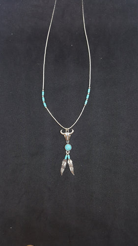 20 inches Southwest Buffalo Head Feather Kingman turquoise sterling silver beaded necklace