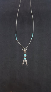 20 inches Southwest Buffalo Head Feather Kingman turquoise sterling silver beaded necklace
