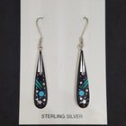 New Southwest Galaxy Scene with Cosmic, Moon, and stars Black Onyx Turquoise Blue Fire Opal Mother of Pearl sterling silver dangle earrings