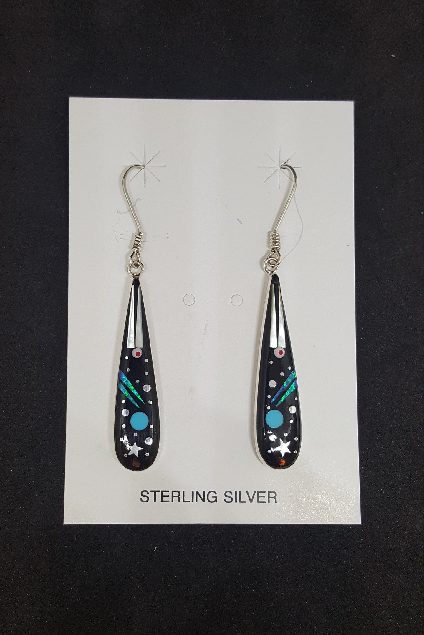 New Southwest Galaxy Scene with Cosmic, Moon, and stars Black Onyx Turquoise Blue Fire Opal Mother of Pearl sterling silver dangle earrings