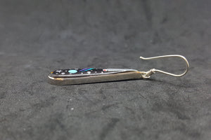 New Southwest Galaxy Scene with Cosmic, Moon, and stars Black Onyx Turquoise Blue Fire Opal Mother of Pearl sterling silver dangle earrings