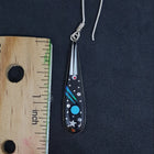 New Southwest Galaxy Scene with Cosmic, Moon, and stars Black Onyx Turquoise Blue Fire Opal Mother of Pearl sterling silver dangle earrings