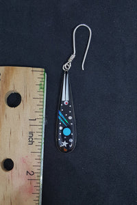 New Southwest Galaxy Scene with Cosmic, Moon, and stars Black Onyx Turquoise Blue Fire Opal Mother of Pearl sterling silver dangle earrings