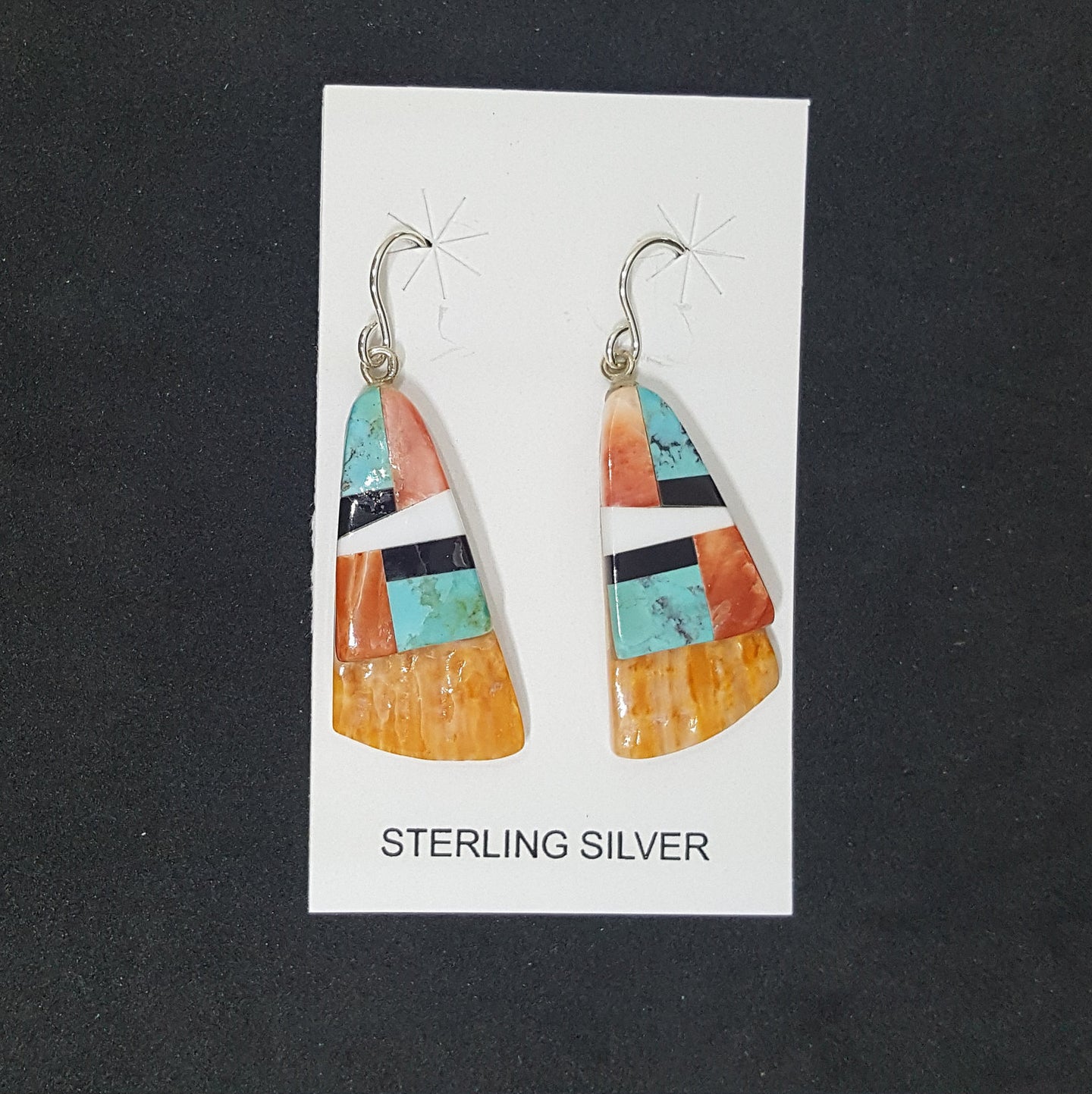 New Southwest Inlay Kingman Turquoise Black Onyx White Turquoise Spiny Oyster triangle shell sterling silver dangle earrings