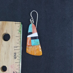 New Southwest Inlay Kingman Turquoise Black Onyx White Turquoise Spiny Oyster triangle shell sterling silver dangle earrings