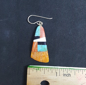 New Southwest Inlay Kingman Turquoise Black Onyx White Turquoise Spiny Oyster triangle shell sterling silver dangle earrings