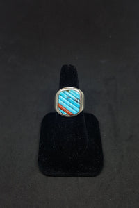 Vintage Navajo Turquoise Coral sterling silver men ring size 10