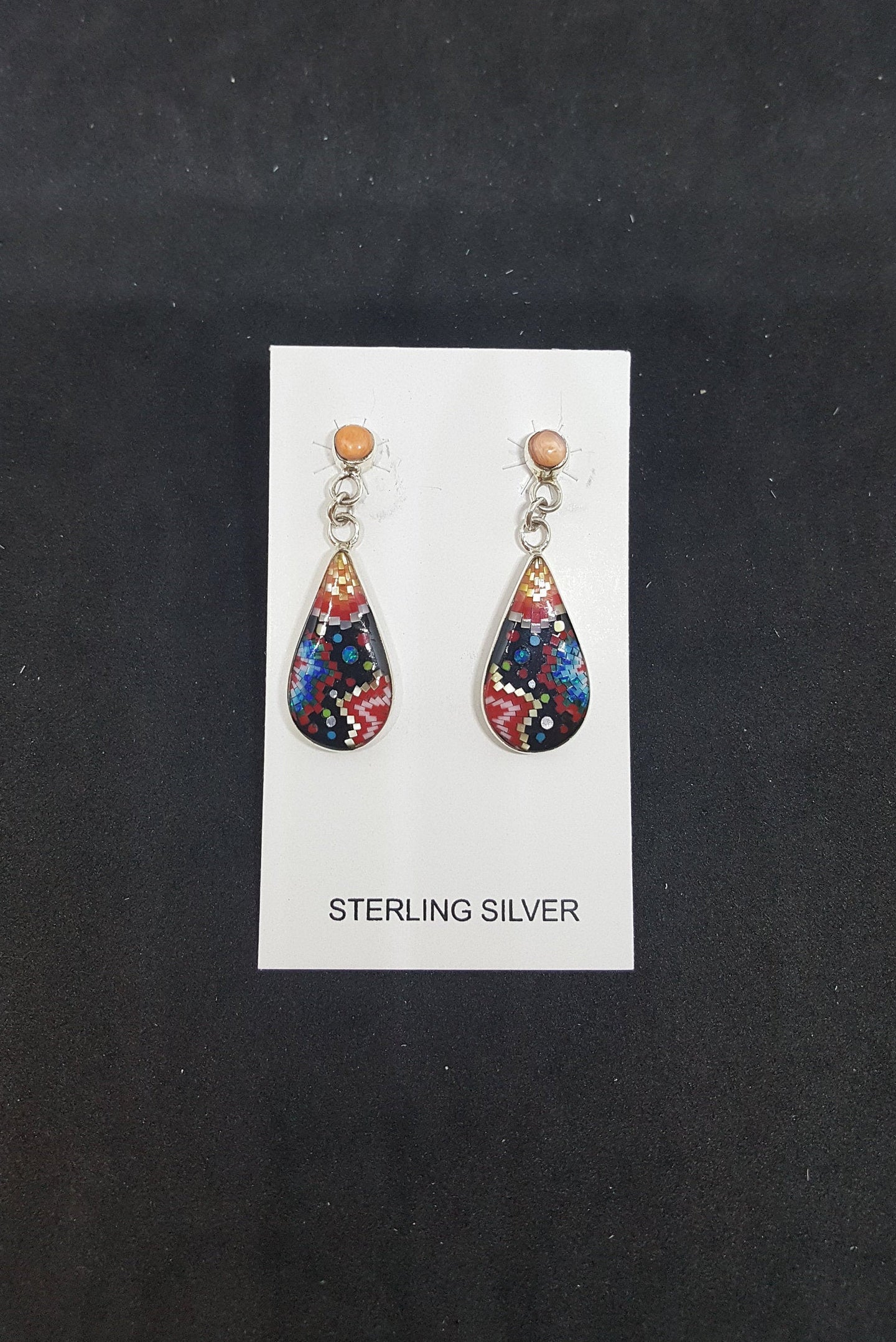 New Southwest Fireworks Black Onyx Mother of Pearl Turquoise Opal Coral teardrop shape sterling silver post earrings
