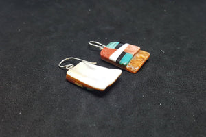 Southwest Inlay Kingman Turquoise Black Onyx Mother of Pearl Spiny Oyster rectangle shell sterling silver dangle earrings