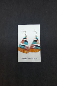 Southwest Inlay Kingman Turquoise Black Onyx Mother of Pearl Spiny Oyster triangle shell sterling silver dangle earrings
