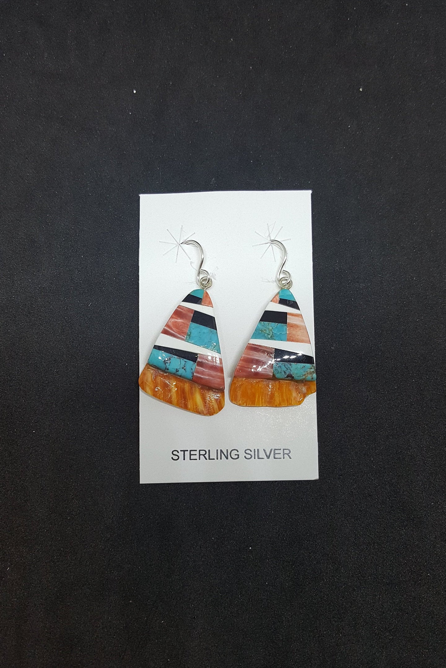 Southwest Inlay Kingman Turquoise Black Onyx Mother of Pearl Spiny Oyster triangle shell sterling silver dangle earrings