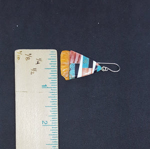 Southwest Inlay Kingman Turquoise Black Onyx Mother of Pearl Spiny Oyster triangle shell sterling silver dangle earrings