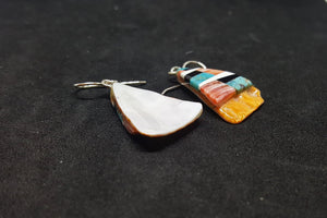 Southwest Inlay Kingman Turquoise Black Onyx Mother of Pearl Spiny Oyster triangle shell sterling silver dangle earrings