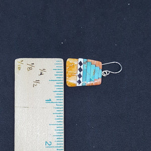 Southwest Heaven stairs  Inlay Kingman Turquoise Black Onyx White Turquoise Spiny Oyster rectangle shell sterling silver dangle earrings