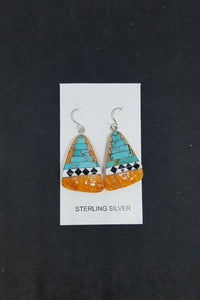 Southwest Heaven stairs  Inlay Kingman Turquoise Black Onyx White Turquoise Spiny Oyster triangle shell sterling silver dangle earrings