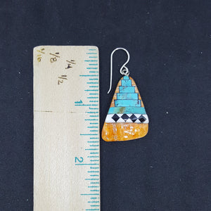 Southwest Heaven stairs  Inlay Kingman Turquoise Black Onyx White Turquoise Spiny Oyster triangle shell sterling silver dangle earrings
