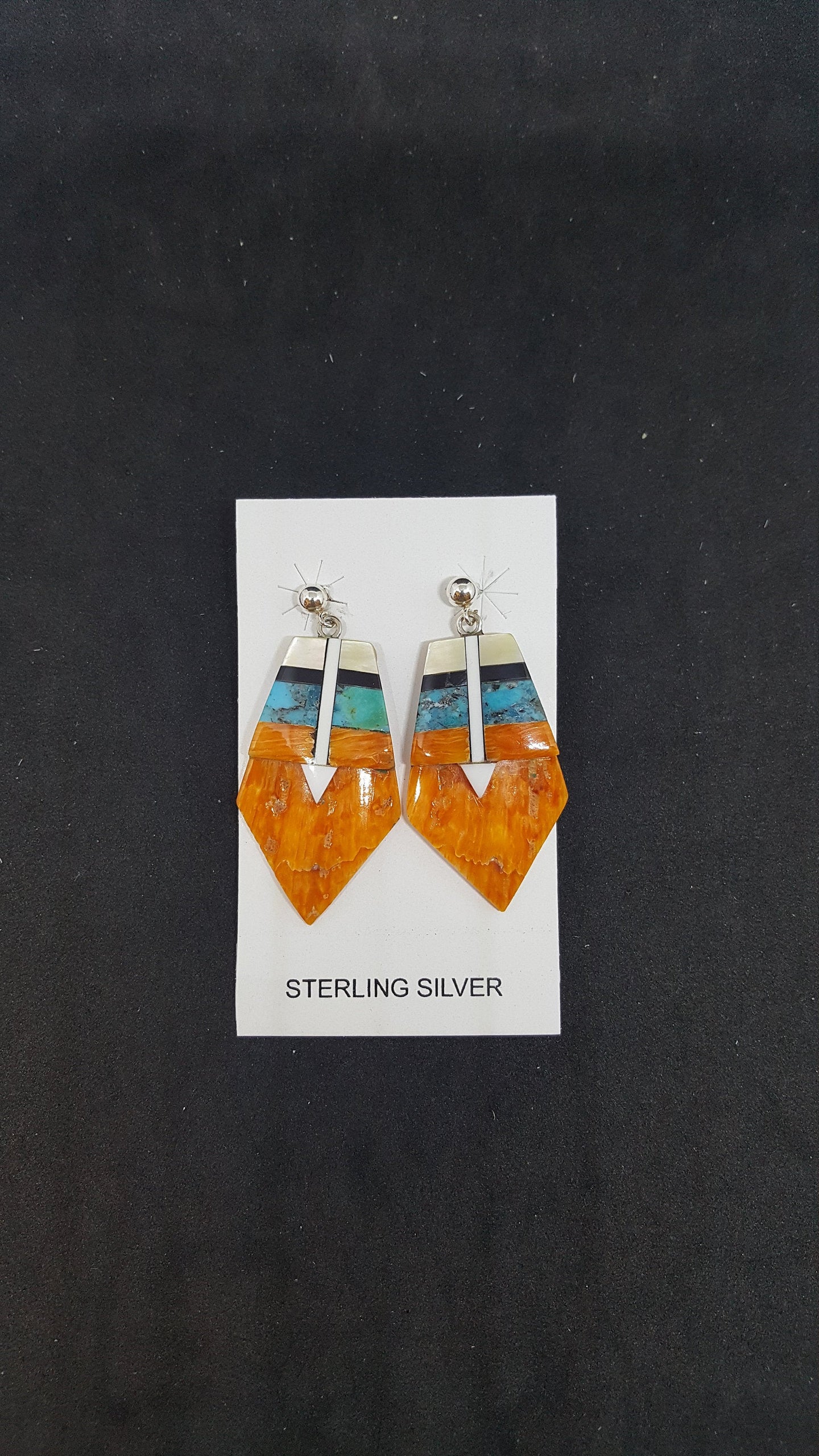 Southwest The White Arrow Kingman Turquoise Mother of Pearl Black Onyx Spiny Oyster diamond shape shell sterling silver post earrings