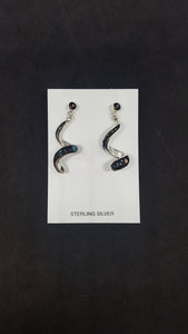 Southwest night sky inlay Black Onyx White Fire Opal Turquoise Mother of Pearl wavy spiral shape sterling silver post earrings
