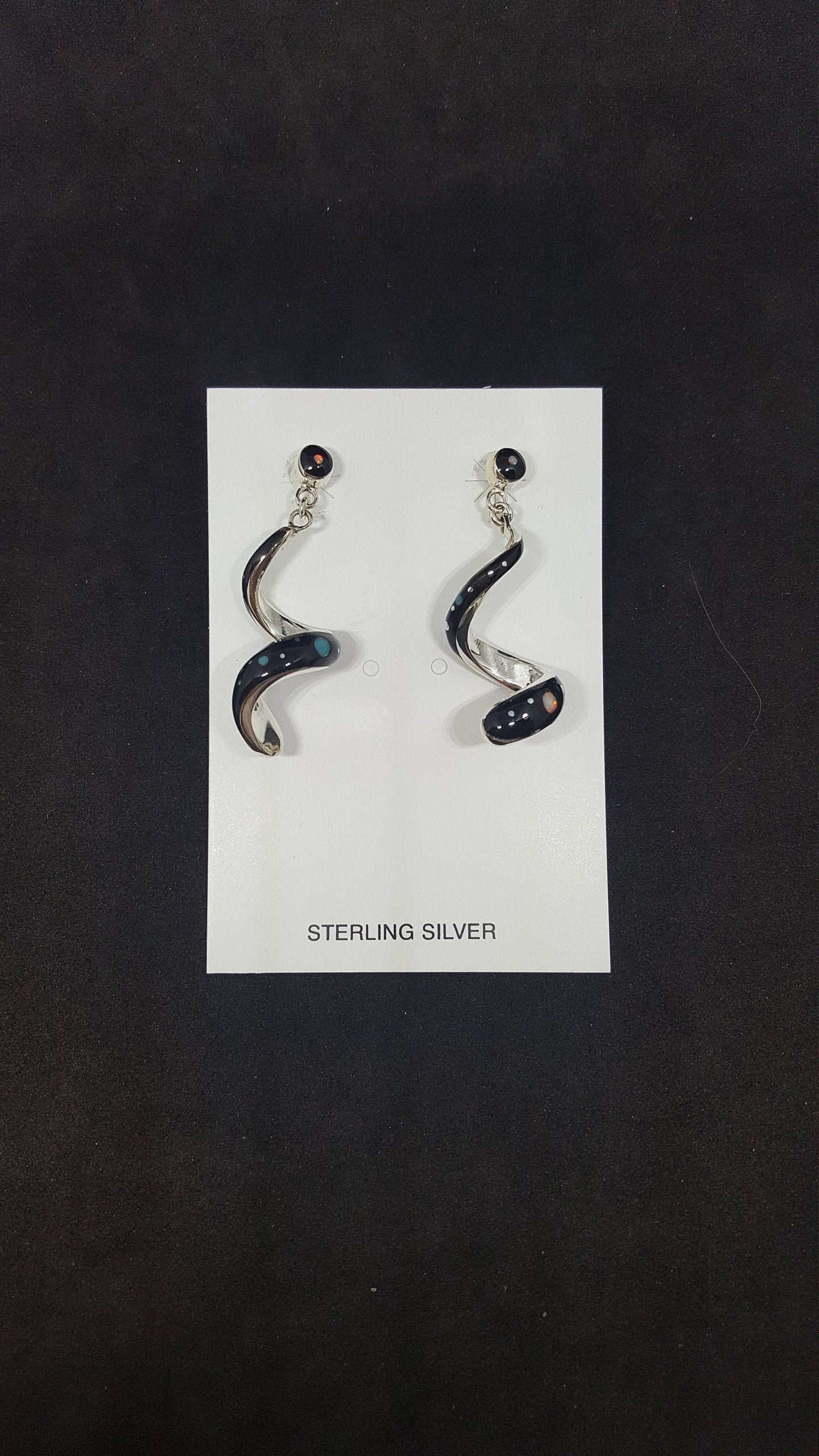 Southwest night sky inlay Black Onyx White Fire Opal Turquoise Mother of Pearl wavy spiral shape sterling silver post earrings