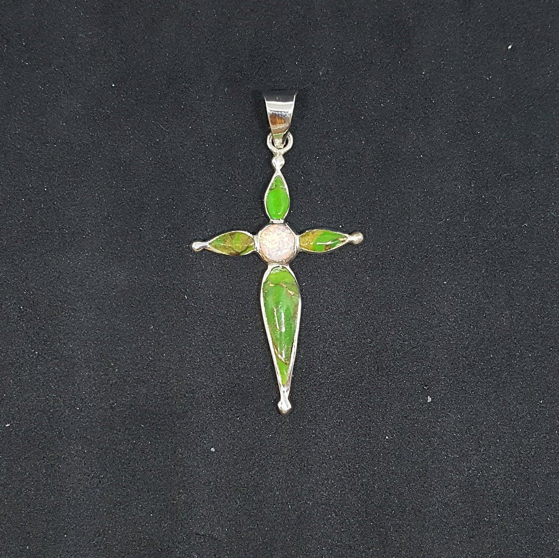 The Cross Green Turquoise White Fire Opal sterling silver pendant