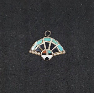 Navajo Zuni Sunface Inlay Turquoise Black Onyx Mother of Pearl Coral sterling silver small pendant - Vintage