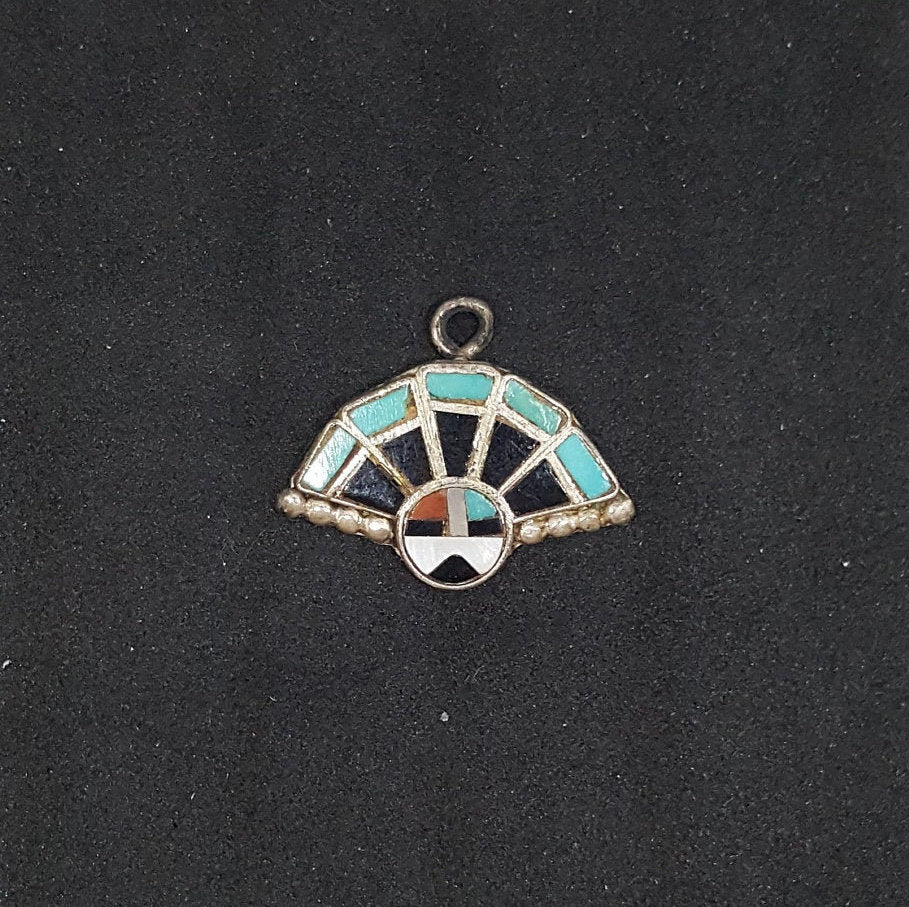 Navajo Zuni Sunface Inlay Turquoise Black Onyx Mother of Pearl Coral sterling silver small pendant - Vintage