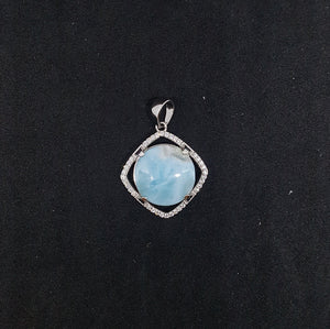 14mm Round Blue Larimar with CZ diamond shape sterling silver pendant