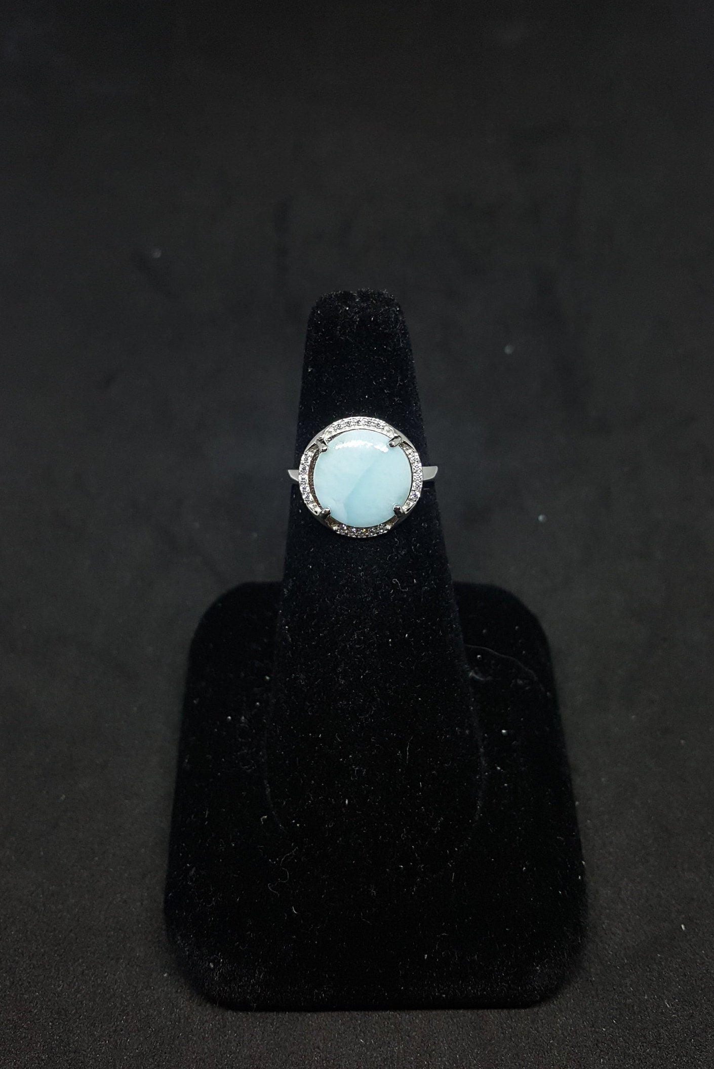 11 mm Round Blue Larimar with CZ sterling silver ring size 7