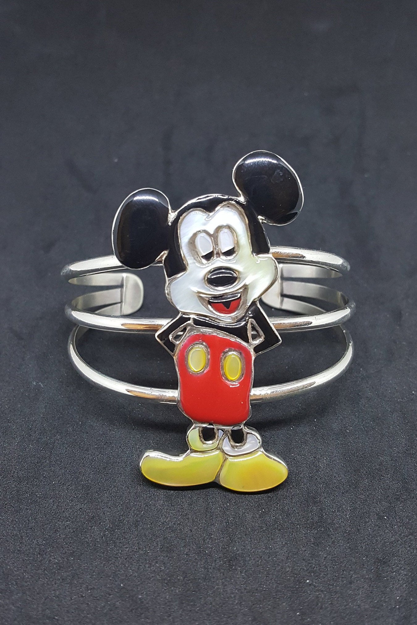 Mouse Mother of Pearl Black Onyx Opal sterling silver cuff bracelet